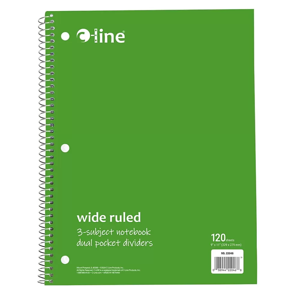 C-Line Subject Notebooks<3-Subject Notebooks, Wide Ruled, 120 Sheets, Assorted Colors, 3/Bundle (CLI22046-3)