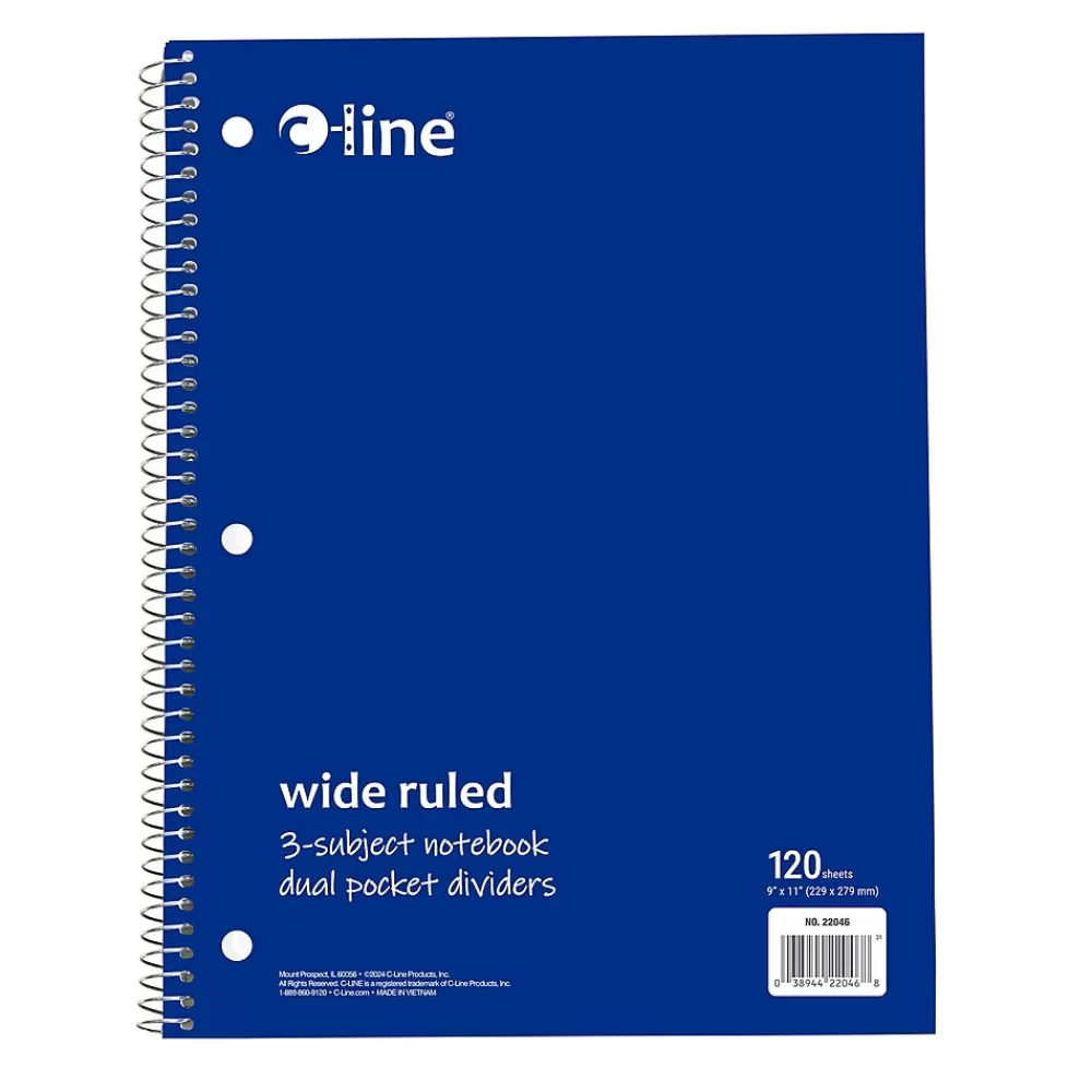 C-Line Subject Notebooks<3-Subject Notebooks, Wide Ruled, 120 Sheets, Assorted Colors, 3/Bundle (CLI22046-3)