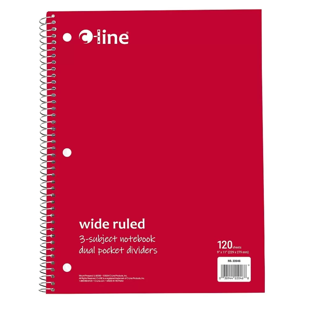 C-Line Subject Notebooks<3-Subject Notebooks, Wide Ruled, 120 Sheets, Assorted Colors, 3/Bundle (CLI22046-3)