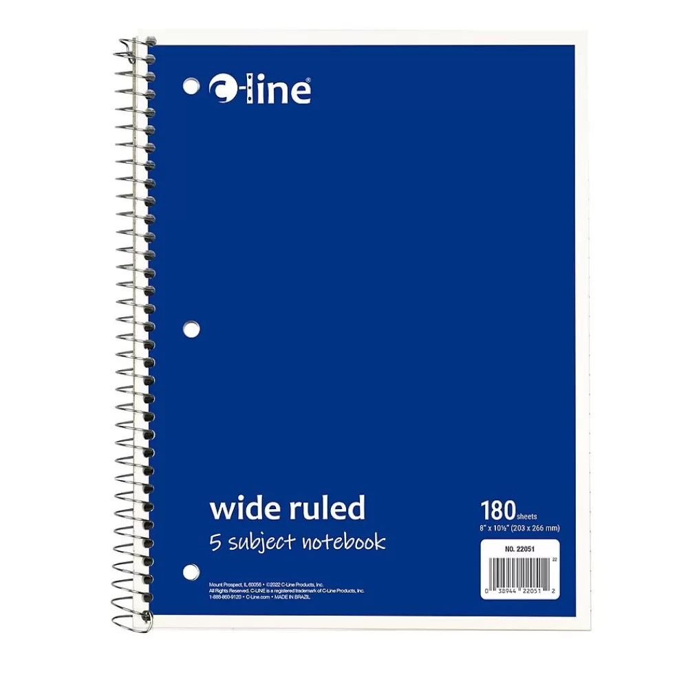 C-Line Subject Notebooks<5-Subject Subject Notebooks, Wide Ruled, 180 Sheets, Assorted Colors, 3/Bundle (CLI22051-3)