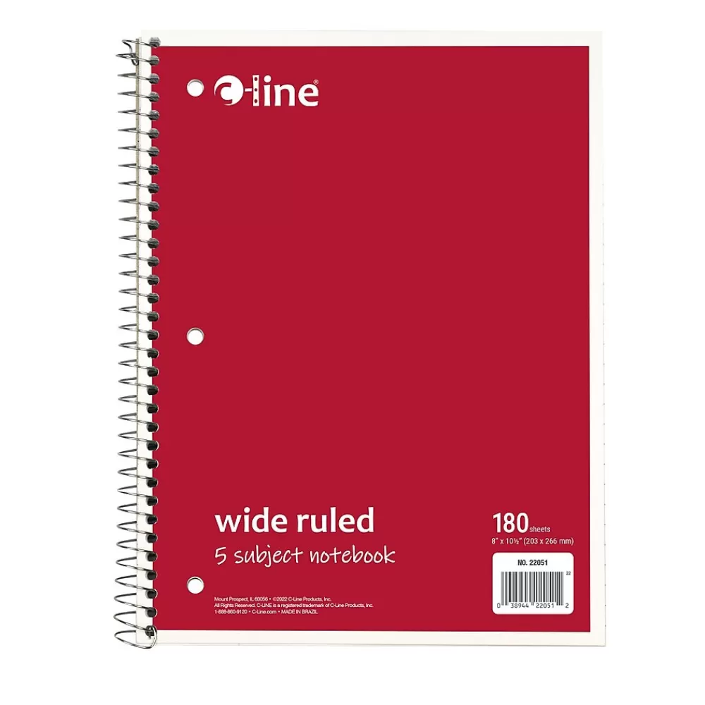 C-Line Subject Notebooks<5-Subject Subject Notebooks, Wide Ruled, 180 Sheets, Assorted Colors, 3/Bundle (CLI22051-3)