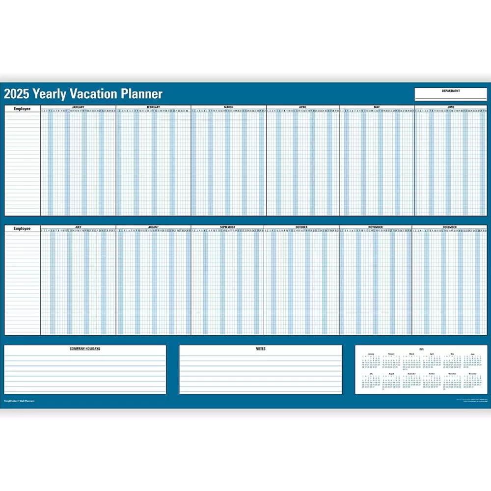 ComplyRight 2025 Calendars<2025 36" x 24" Yearly Dry Erase Wall Calendar, Vacation, Blue/White (J1712)