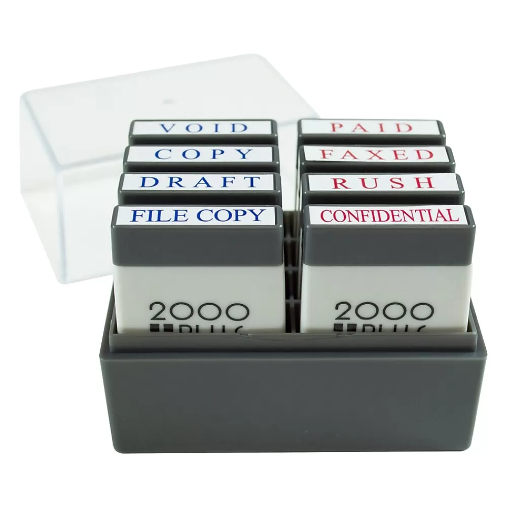 Cosco Stamps & Stamp Pads<2000 PLUS 1"W Pre-Inked Stamps, Blue/Red Ink, 8/Pack (030219)