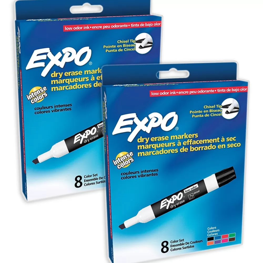 Expo Markers<Low-Odor Dry Erase Markers, Chisel Tip, Assorted Colors, 8 Per Pack, 2 Packs (SAN80078-2)
