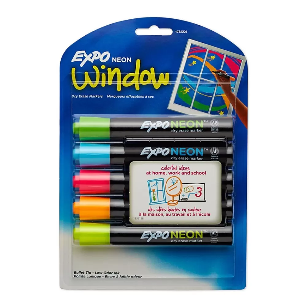 Expo Markers<Neon Window Dry Erase Markers, Bullet Tip, Assorted, 5/Pack (1752226)