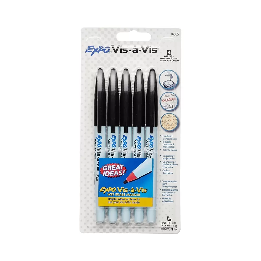 Expo Markers<Vis-a-Vis Wet Erase Marker, Fine Tip, Black Ink, 5/Pack (16665/2134050)