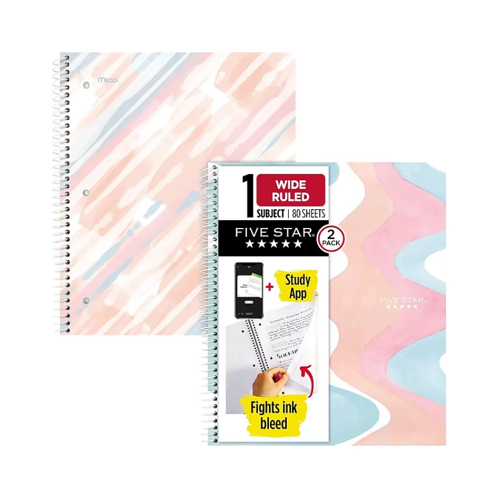 Five Star Subject Notebooks<Brushy Moves 1-Subject Notebooks, 8.5" x 11", Wide-Ruled, 80 Sheets, Assorted Colors, 2/Pack (930060)