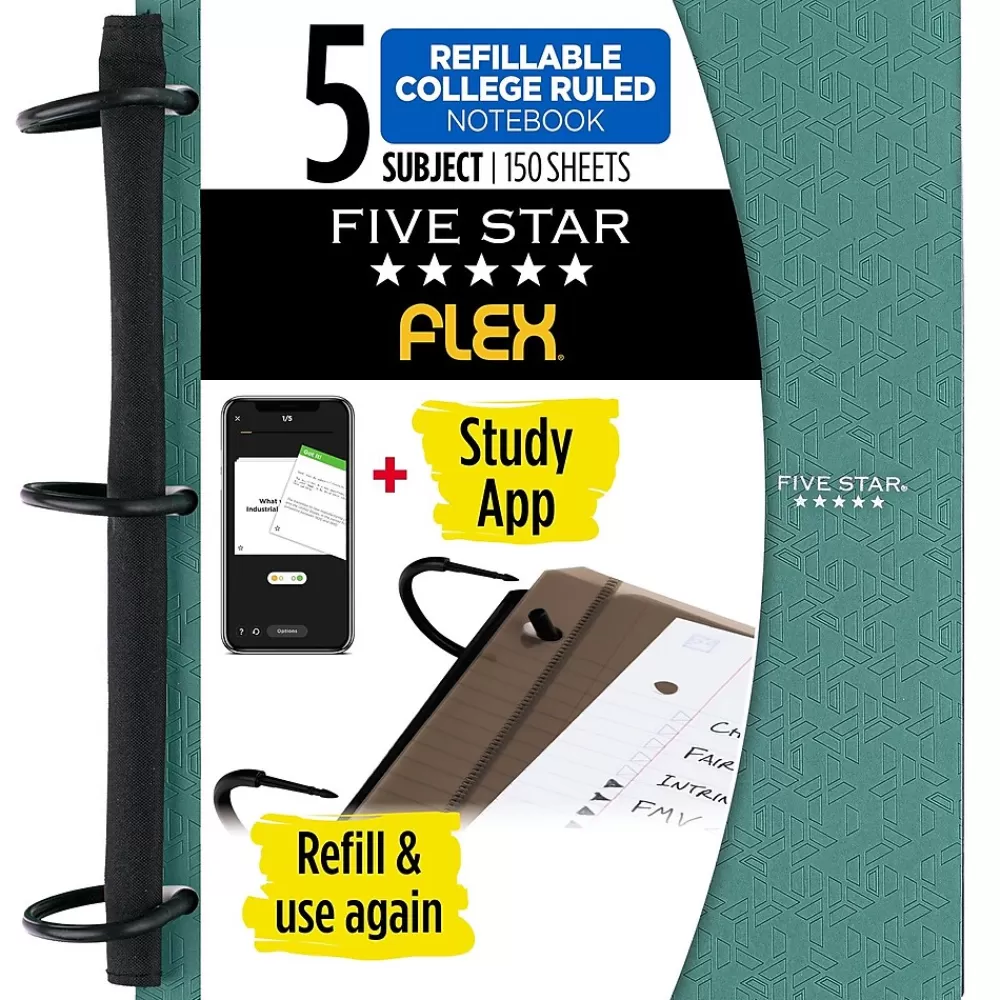 Five Star Subject Notebooks<Flex 5-Subject Subject Notebooks, 8.5" x 11", College Ruled, 150 Sheets, Green (08128)