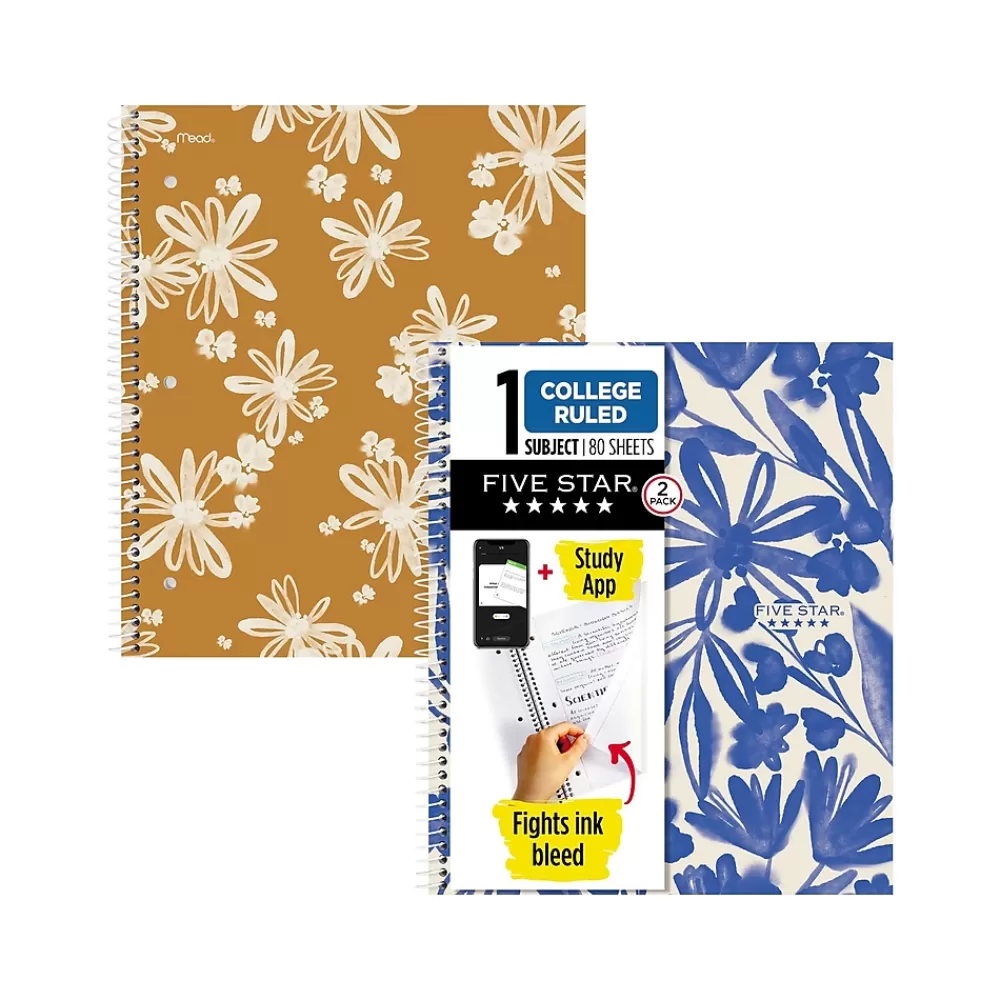 Five Star Subject Notebooks<Soft Petals 1-Subject Notebooks, 8.5" x 11", College-Ruled, 80 Sheets, Assorted Colors, 2/Pack (820331)