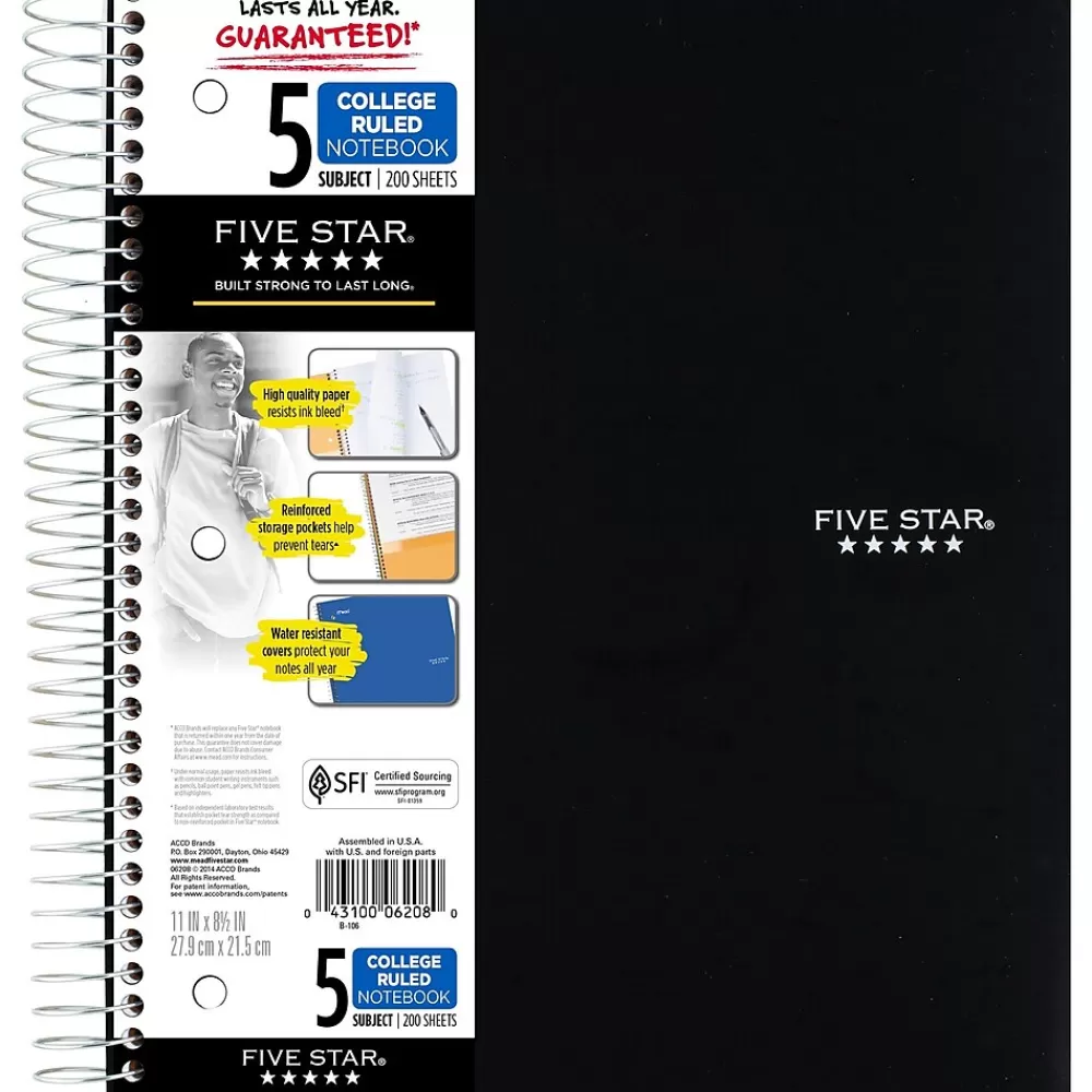 Five Star Subject Notebooks<5-Subject Subject Notebook, 8.5" x 11", College Ruled, 200 Sheets, (72081)