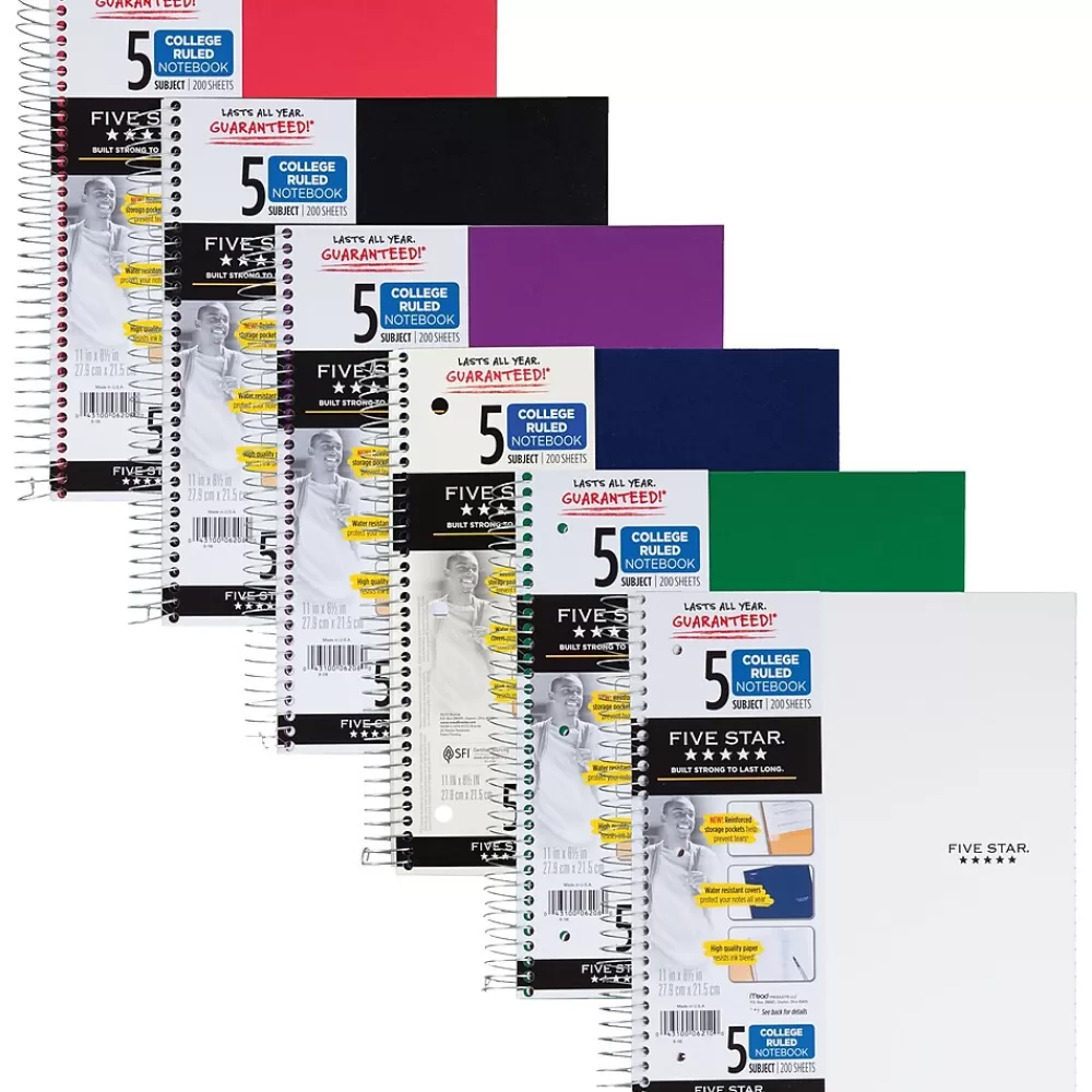 Five Star Notebooks<5-Subject Subject Notebooks, 8.5" x 11", College Ruled, 200 Sheets (06112/06208)