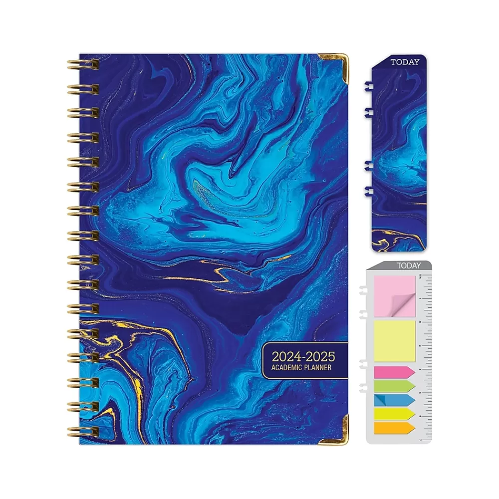 Global Printed Products Academic Planners<2024-2025 Blue Marble 5.5" x 8" Academic Weekly & Monthly Planner, Paper Cover, Blue/Gold (AY24-07-S)