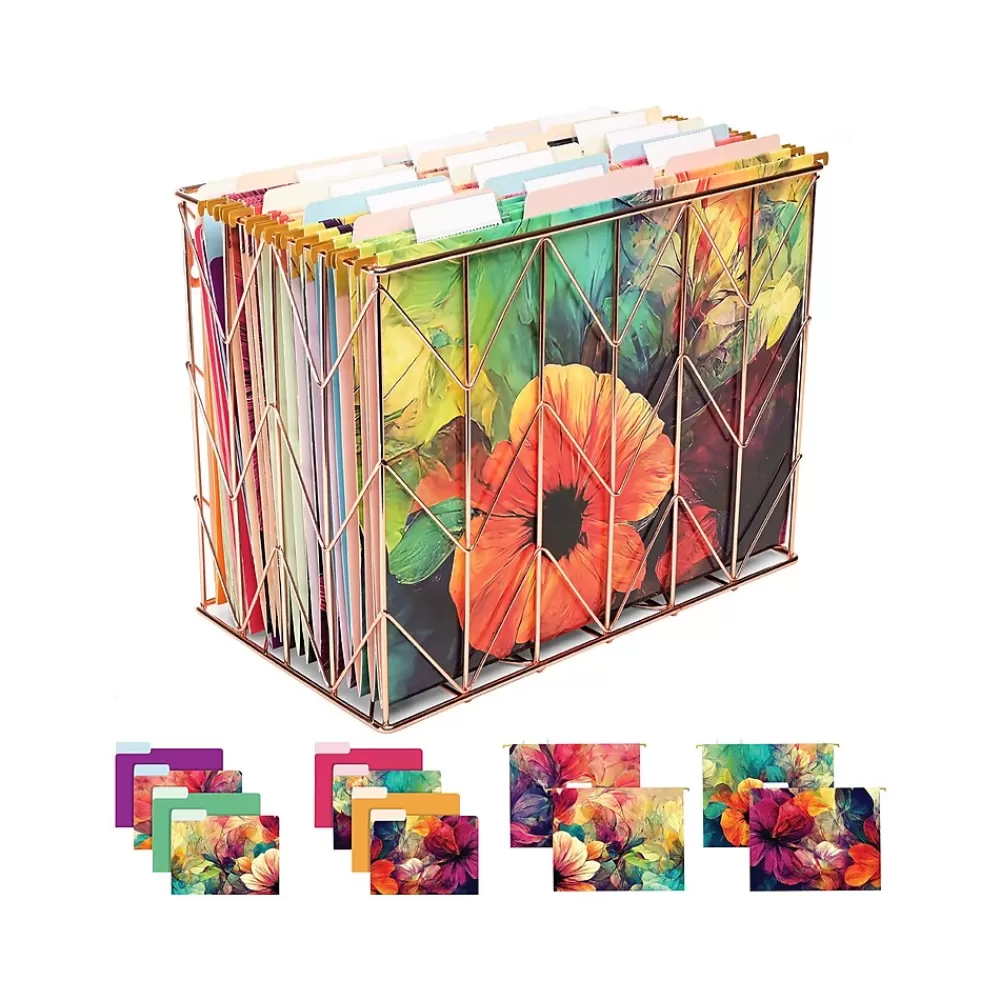 Global Printed Products Hanging File Folders<Deluxe Designer Abstract Floral Hanging File Folder Kit, 1/3-Cut Tab, Letter Size, Assorted Colors