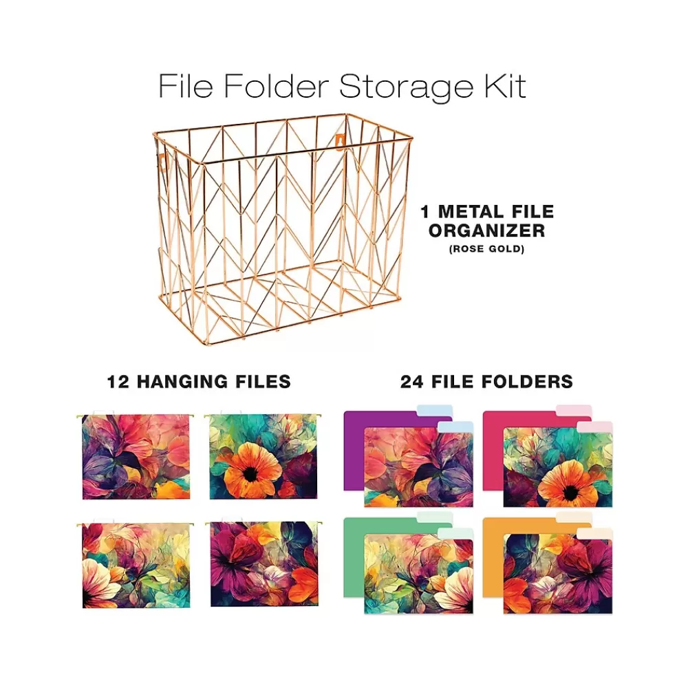 Global Printed Products Hanging File Folders<Deluxe Designer Abstract Floral Hanging File Folder Kit, 1/3-Cut Tab, Letter Size, Assorted Colors
