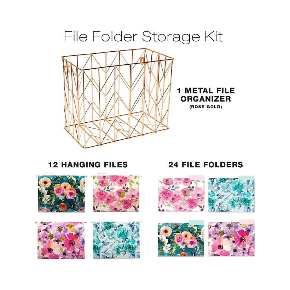 Global Printed Products Hanging File Folders<Deluxe Designer Floral Hanging File Folder Kit, 1/3-Cut Tab, Letter Size, Assorted Colors