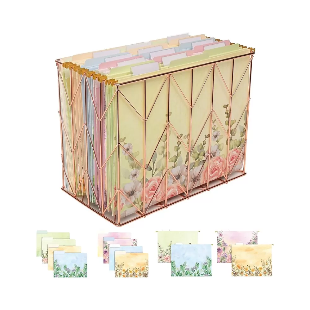 Global Printed Products Hanging File Folders<Deluxe Designer Watercolor Floral Hanging File Folder Kit, 1/3-Cut Tab, Letter Size, Assorted Colors