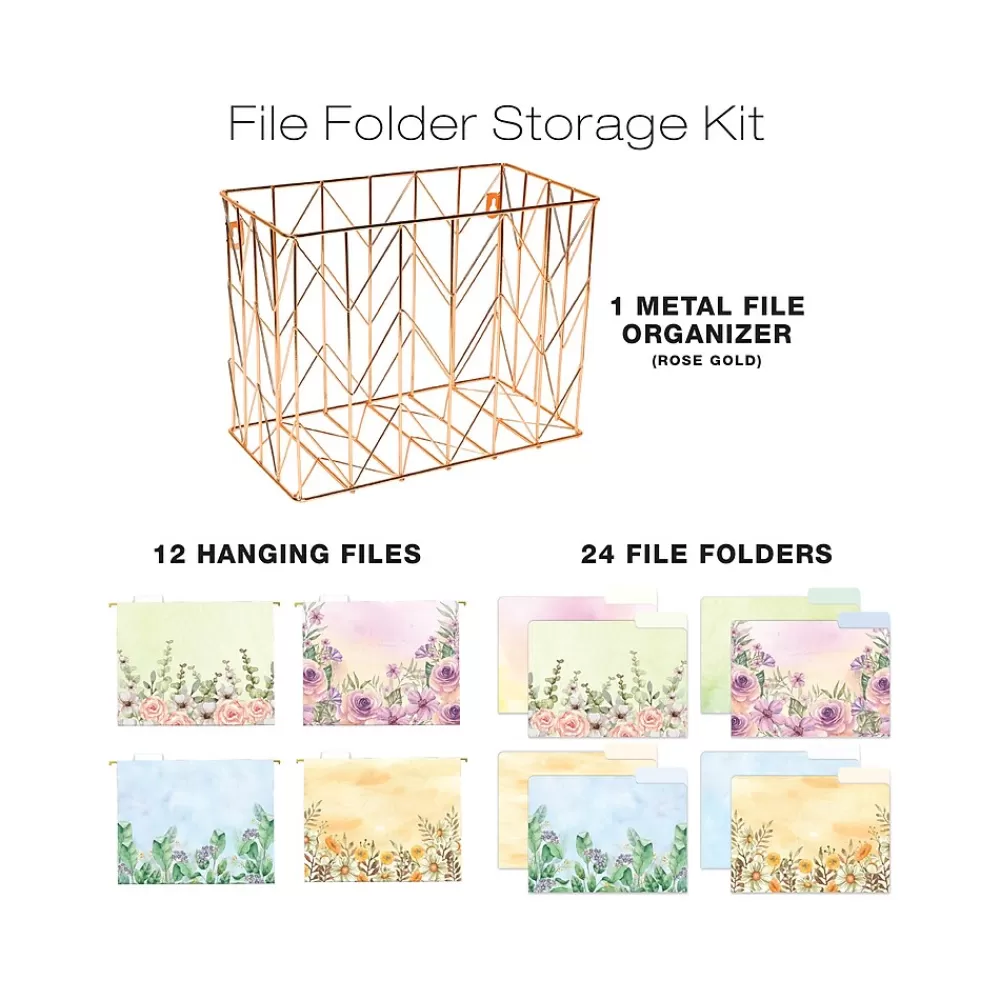 Global Printed Products Hanging File Folders<Deluxe Designer Watercolor Floral Hanging File Folder Kit, 1/3-Cut Tab, Letter Size, Assorted Colors