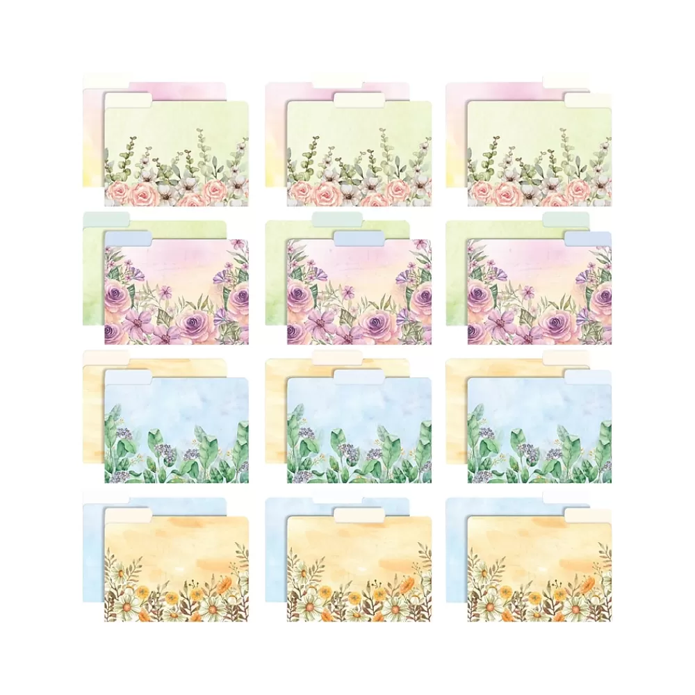 Global Printed Products File Folders<Deluxe Designer Watercolor Floral Heavy-Duty File Folders, 1/3-Cut Tab, Assorted Colors, 24/Pack