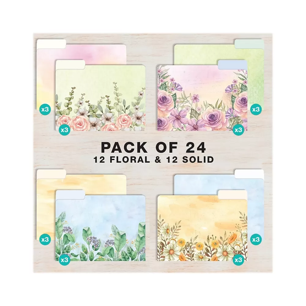 Global Printed Products File Folders<Deluxe Designer Watercolor Floral Heavy-Duty File Folders, 1/3-Cut Tab, Assorted Colors, 24/Pack