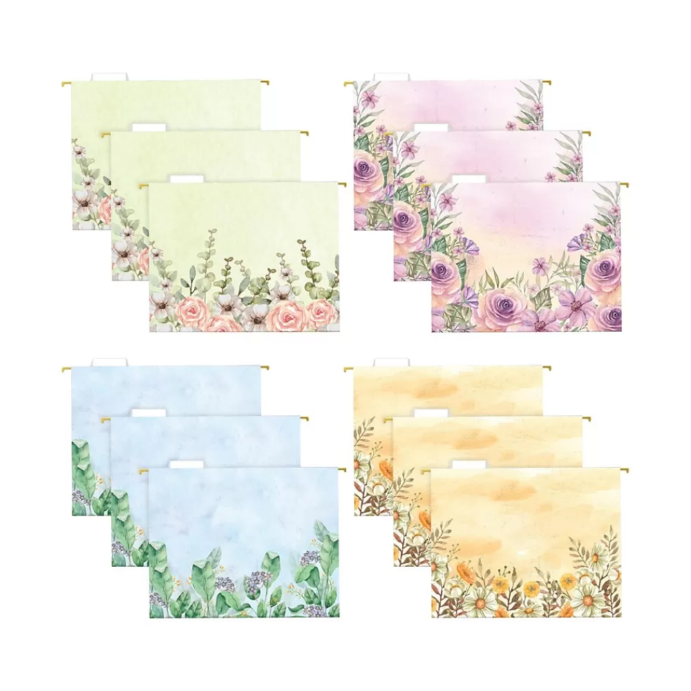 Global Printed Products Hanging File Folders<Deluxe Designer Watercolor Floral Heavy-Duty Hanging File Folders, Letter-Size, Assorted Colors