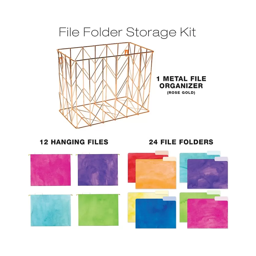 Global Printed Products Hanging File Folders<Deluxe Designer Watercolor Solid Hanging File Folder Kit, 1/3-Cut Tab, Letter Size, Assorted Colors