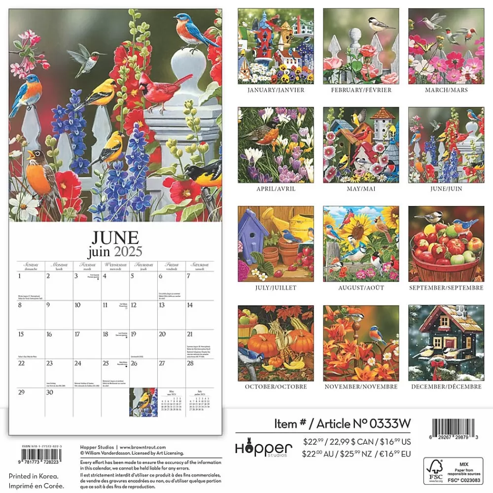 Hopper Studios 2025 Calendars<2025 Feathered Friends Amis a Plumes 12" x 12" Monthly Wall Calendar (9781773728223)