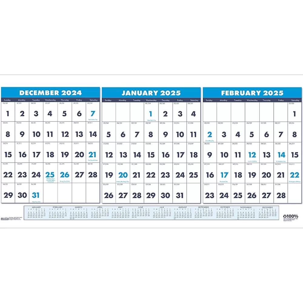 House of Doolittle 2025 Calendars<2025 17" x 8" Three-Month Wall Calendar, White/Blue (3647-25)