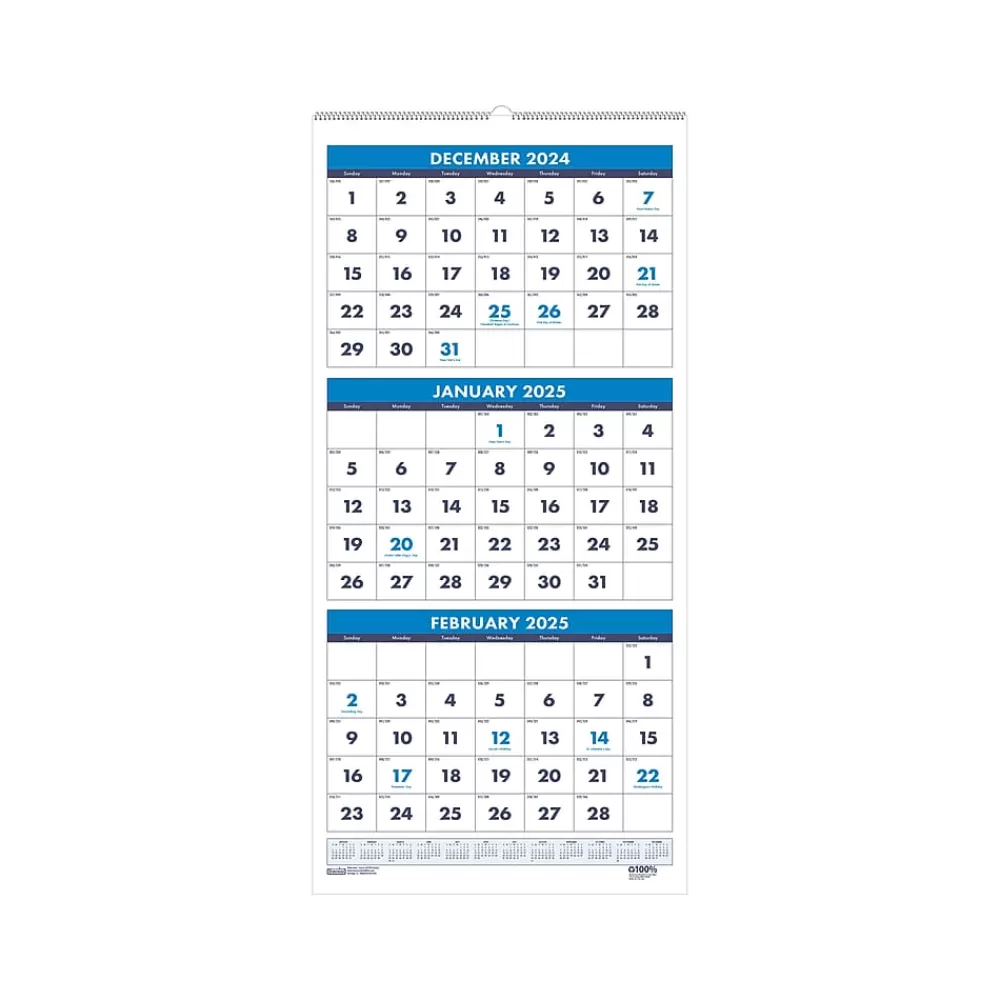 House of Doolittle 2025 Calendars<2025 12.25" x 26" Three-Month Wall Calendar, White/Blue (3640-25)