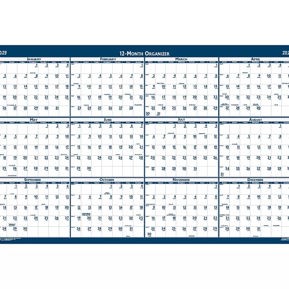 House of Doolittle 2025 Calendars<2025 37" x 24" Yearly Wet-Erase Wall Calendar, Reversible, White/Blue (396-25)