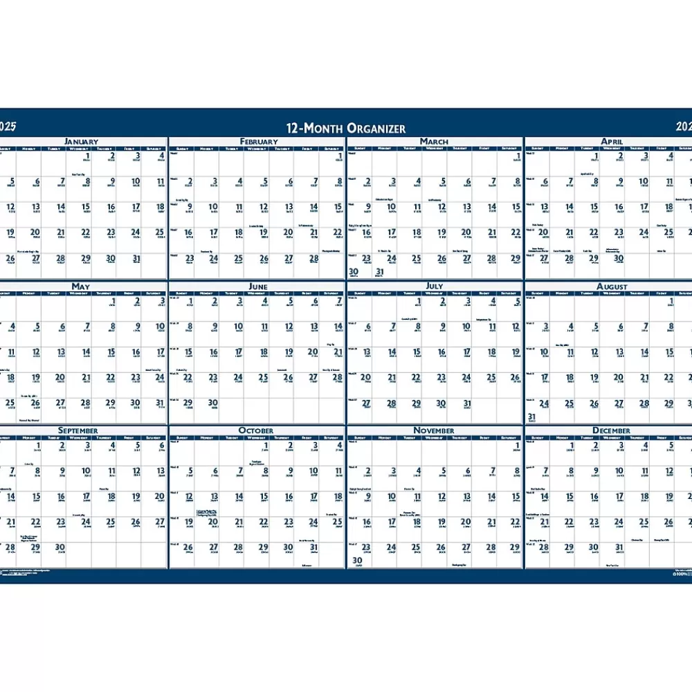 House of Doolittle 2025 Calendars<2025 66" x 33" Yearly Wet-Erase Wall Calendar, Reversible, White/Blue (3962-25)