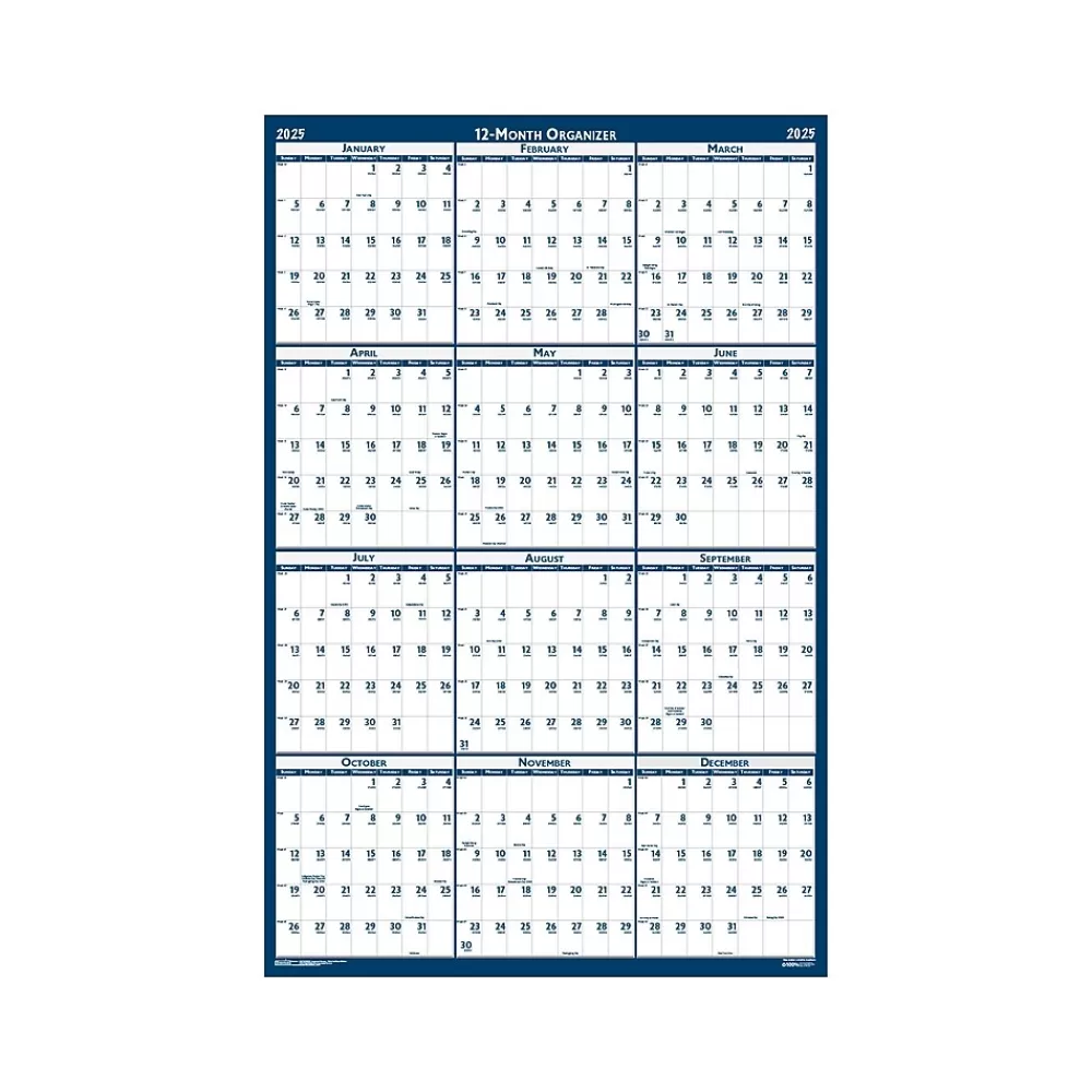 House of Doolittle 2025 Calendars<2025 66" x 33" Yearly Wet-Erase Wall Calendar, Reversible, White/Blue (3962-25)