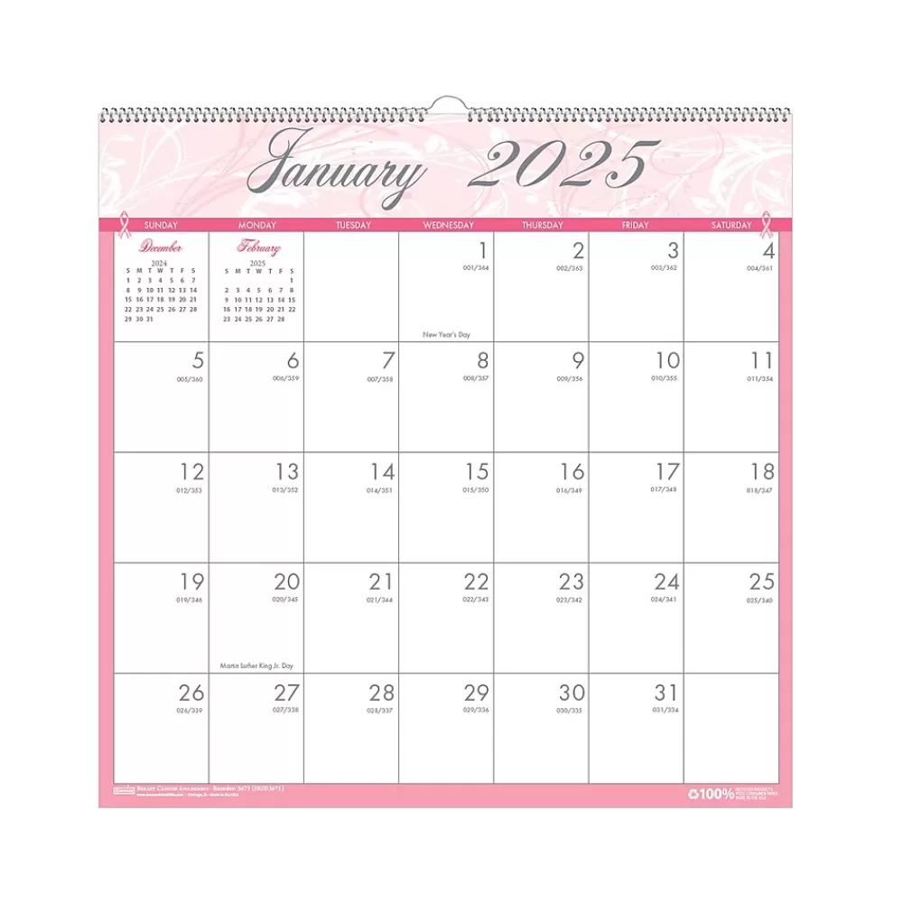 House of Doolittle 2025 Calendars<2025 Breast Cancer Awareness 12" x 12" Monthly Wall Calendar, Pink/Gray (3671-25)