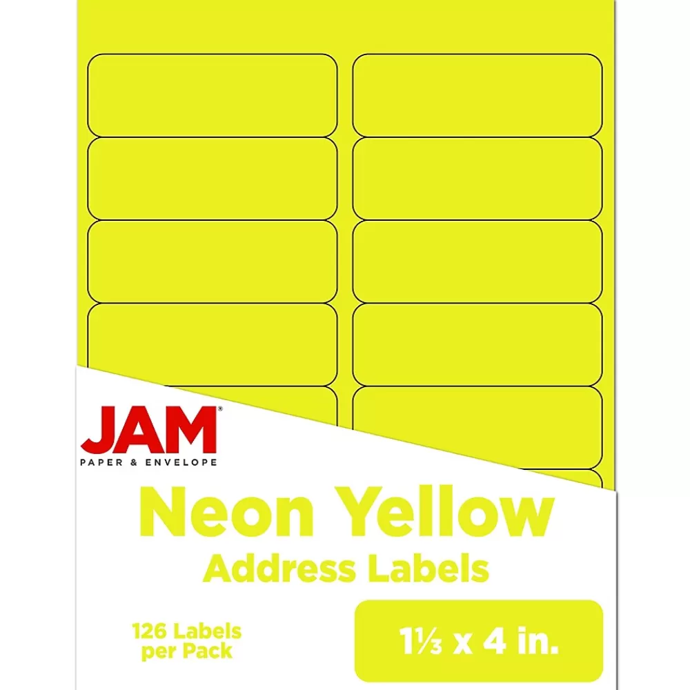 JAM Paper Labels<Address Labels, 1 1/3" x 4", Neon , 14 Labels/Sheet, 9 Sheets/Pack (359329614)