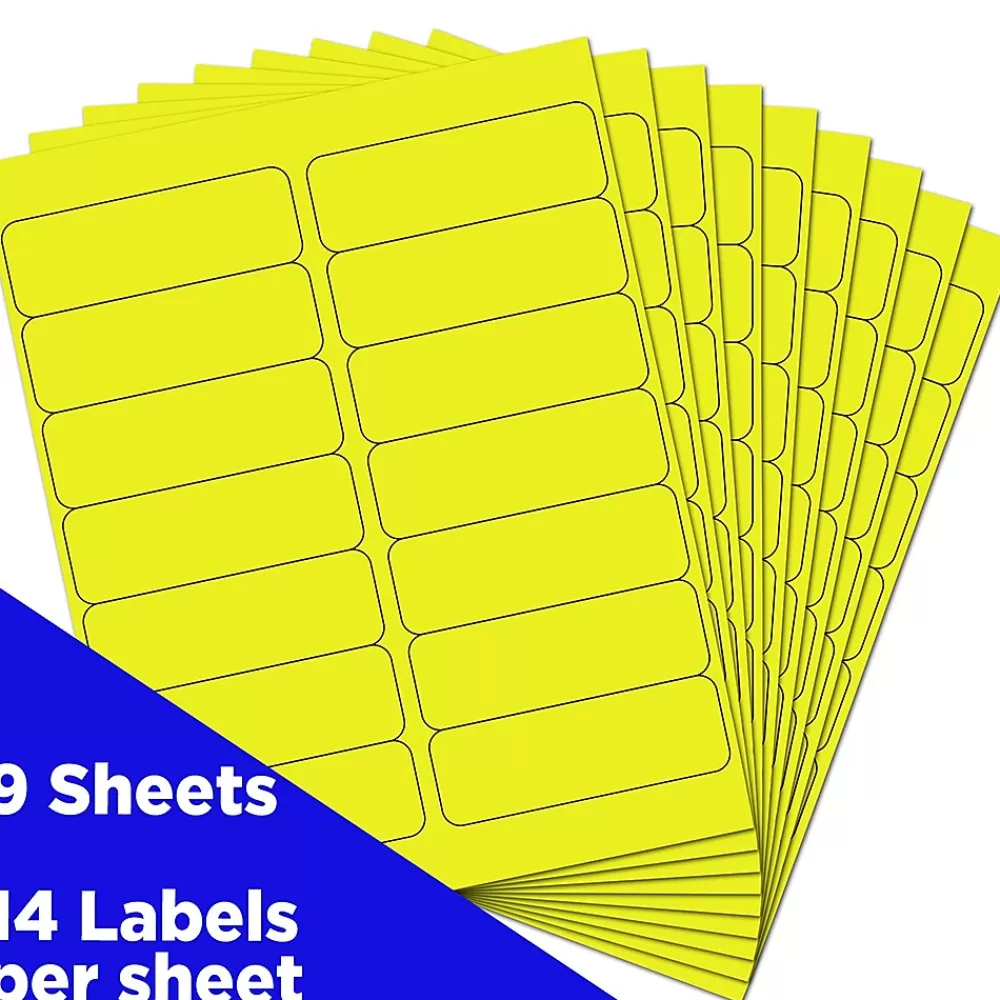 JAM Paper Labels<Address Labels, 1 1/3" x 4", Neon , 14 Labels/Sheet, 9 Sheets/Pack (359329614)