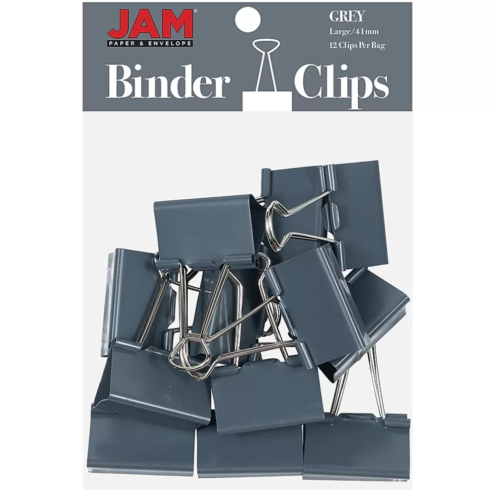 JAM Paper Clips & Fasteners<Large Binder Clips, 1" Capacity, Grey, 12 Clips/Pack (340BCGY)