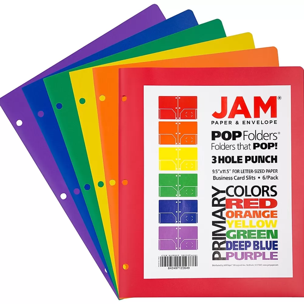 JAM Paper Pocket Folders<2-Pocket Plastic Folders, Multicolored, Assorted Primary Colors, 6/Pack (382EHPASTPR)