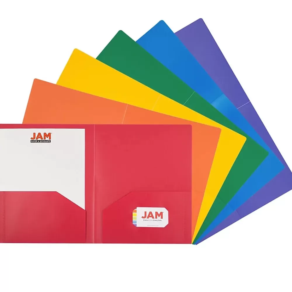 JAM Paper Pocket Folders<2-Pocket Plastic Folders, Multicolored, Assorted Primary, 12/Pack (383HRGBYOPA)