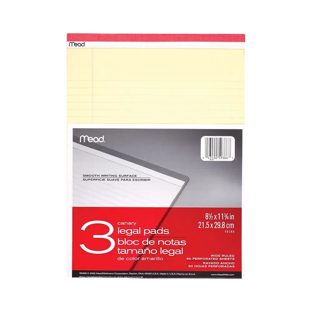 Mead Notepads<Notepad, 8.5" x 11", Wide-Ruled, Canary, 50 Sheets/Pad, 3 Pads/Pack (59386)