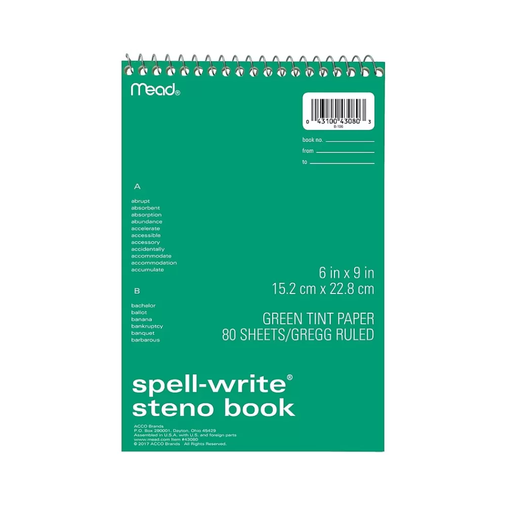 Mead Notepads<Spell-Write Steno Pad, 6" x 9", Gregg-Ruled, Assorted Colors, 80 Sheets/Pad (43080)