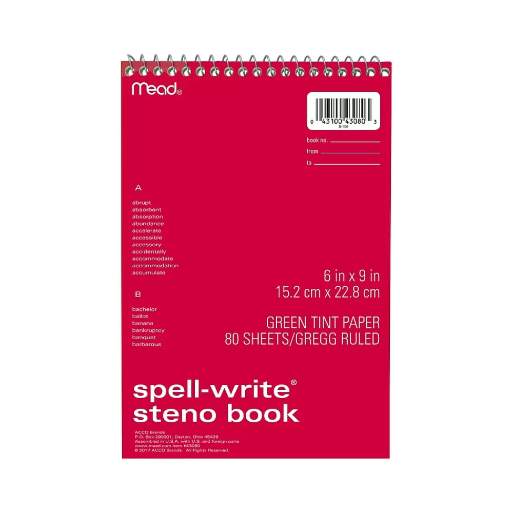 Mead Notepads<Spell-Write Steno Pad, 6" x 9", Gregg-Ruled, Assorted Colors, 80 Sheets/Pad (43080)