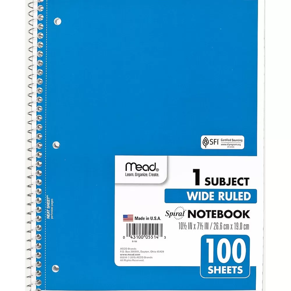 Mead Subject Notebooks<Spiral 1-Subject Notebook, 8" x 10.5", Wide Ruled, 100 Sheets (MEA05514)