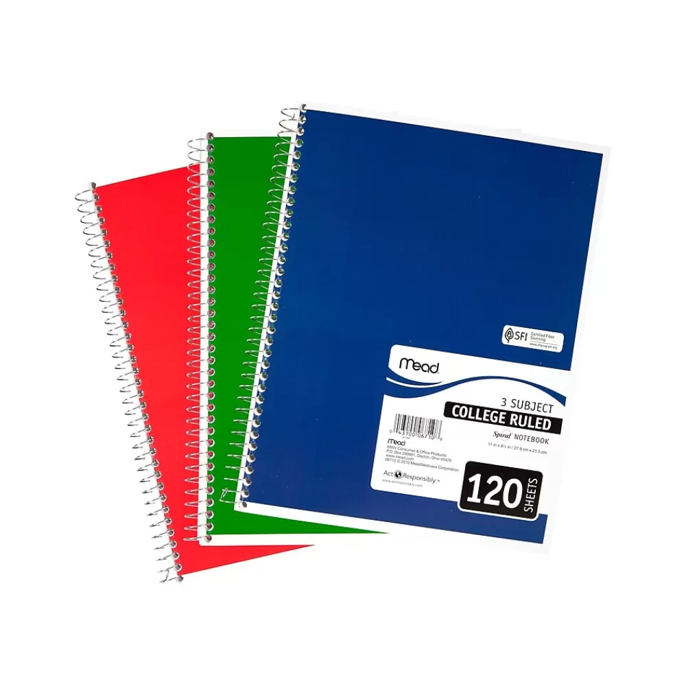 Mead Subject Notebooks<Spiral 3-Subject Notebooks, 8.5" x 11", College Ruled, 120 Sheets (06710)