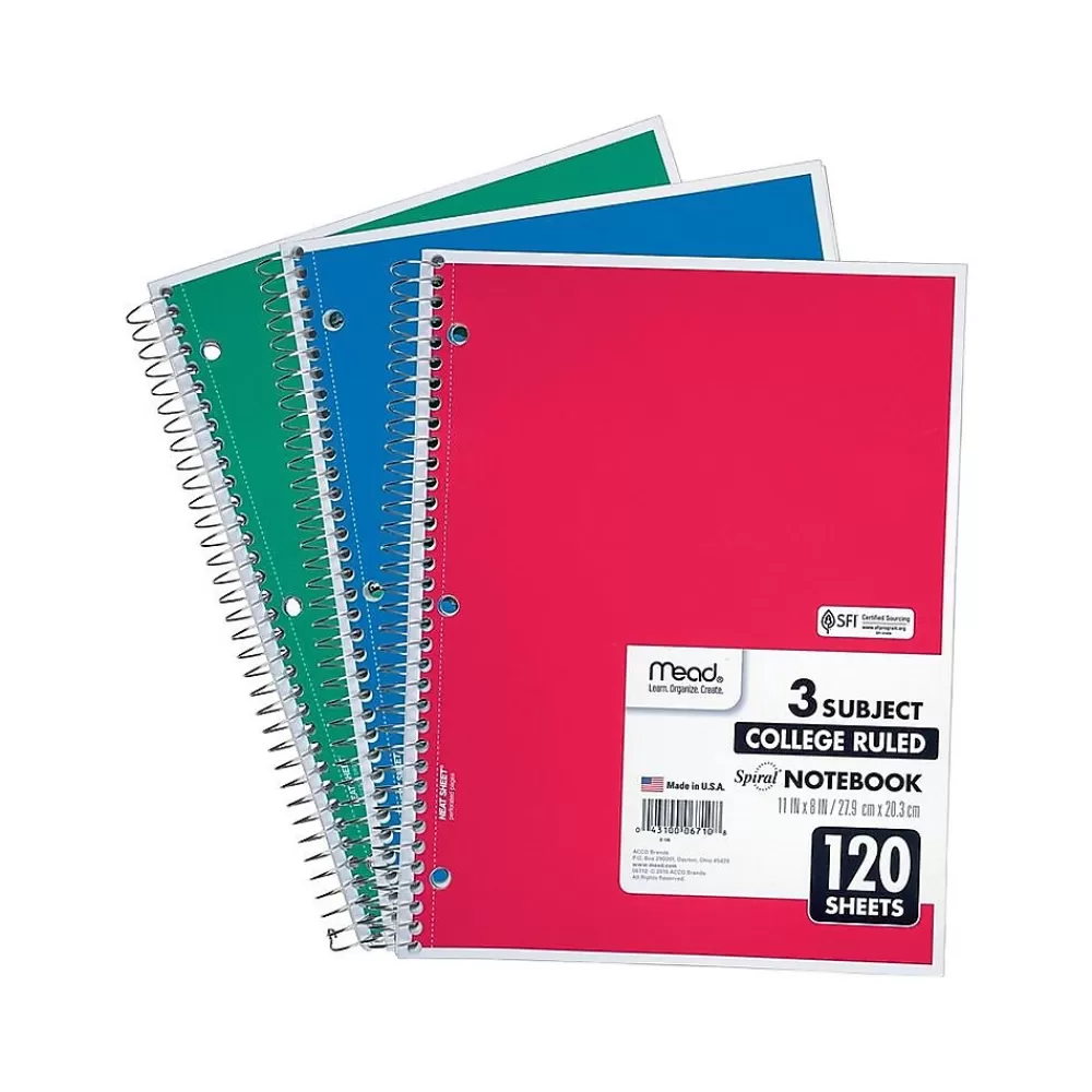 Mead Subject Notebooks<Spiral 3-Subject Notebooks, 8.5" x 11", College Ruled, 120 Sheets (06710)