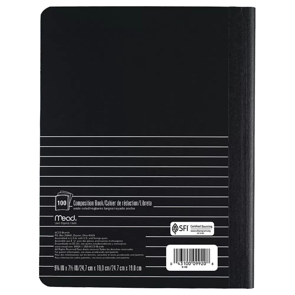 Mead Composition Notebooks<Square Deal 1-Subject Composition Notebooks, 7.5" x 9.75", Wide Ruled, 100 Sheets, Black (09920)