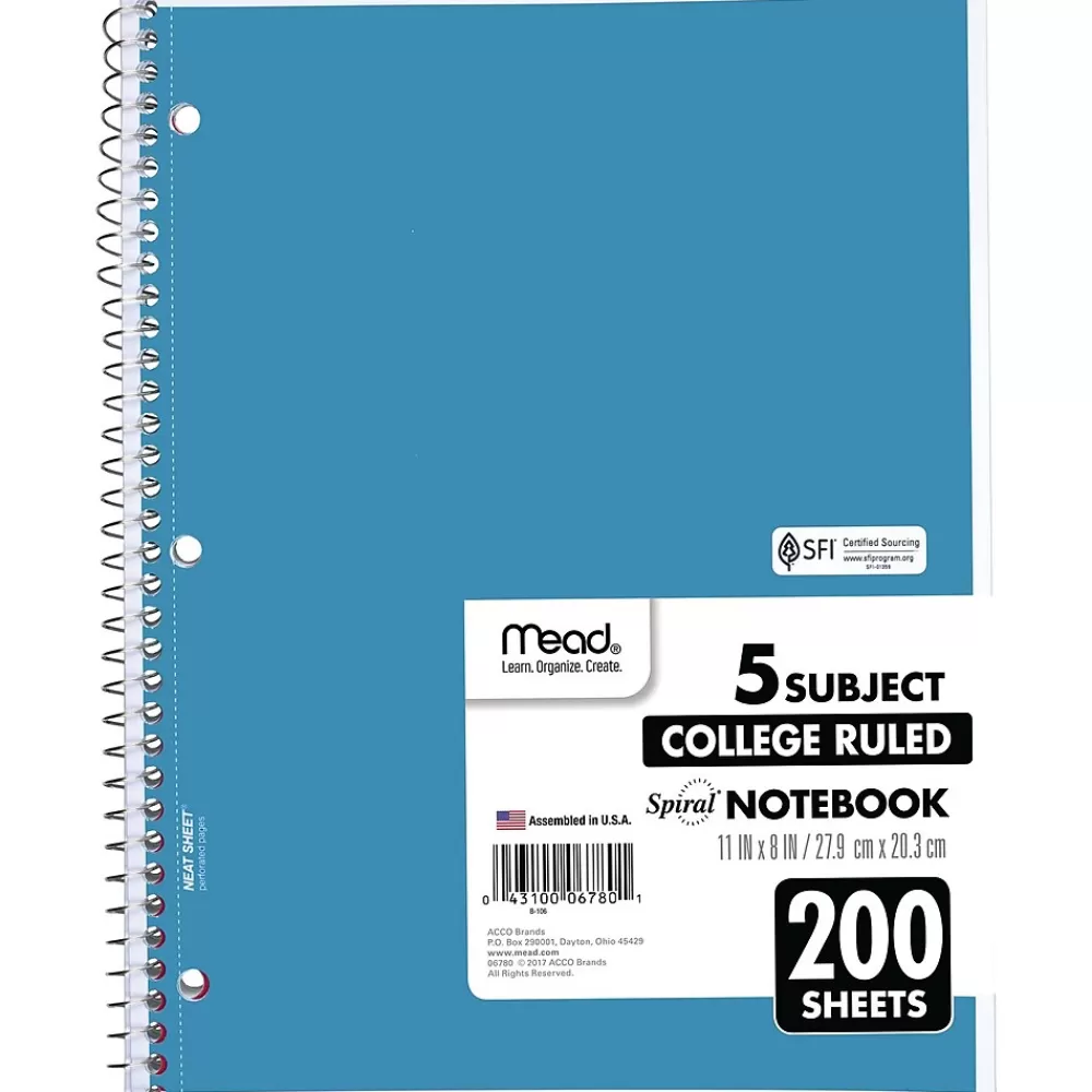 Mead Subject Notebooks<5-Subject Notebook, 8.5" x 11", College Ruled, 200 Sheets, Assorted Colors, Each (06780)