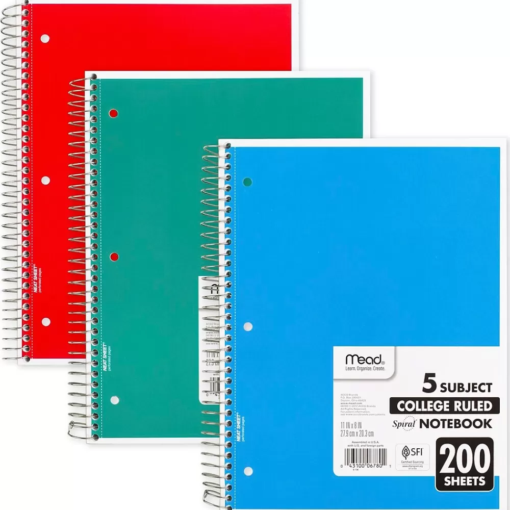 Mead Subject Notebooks<5-Subject Notebook, 8.5" x 11", College Ruled, 200 Sheets, Assorted Colors, Each (06780)