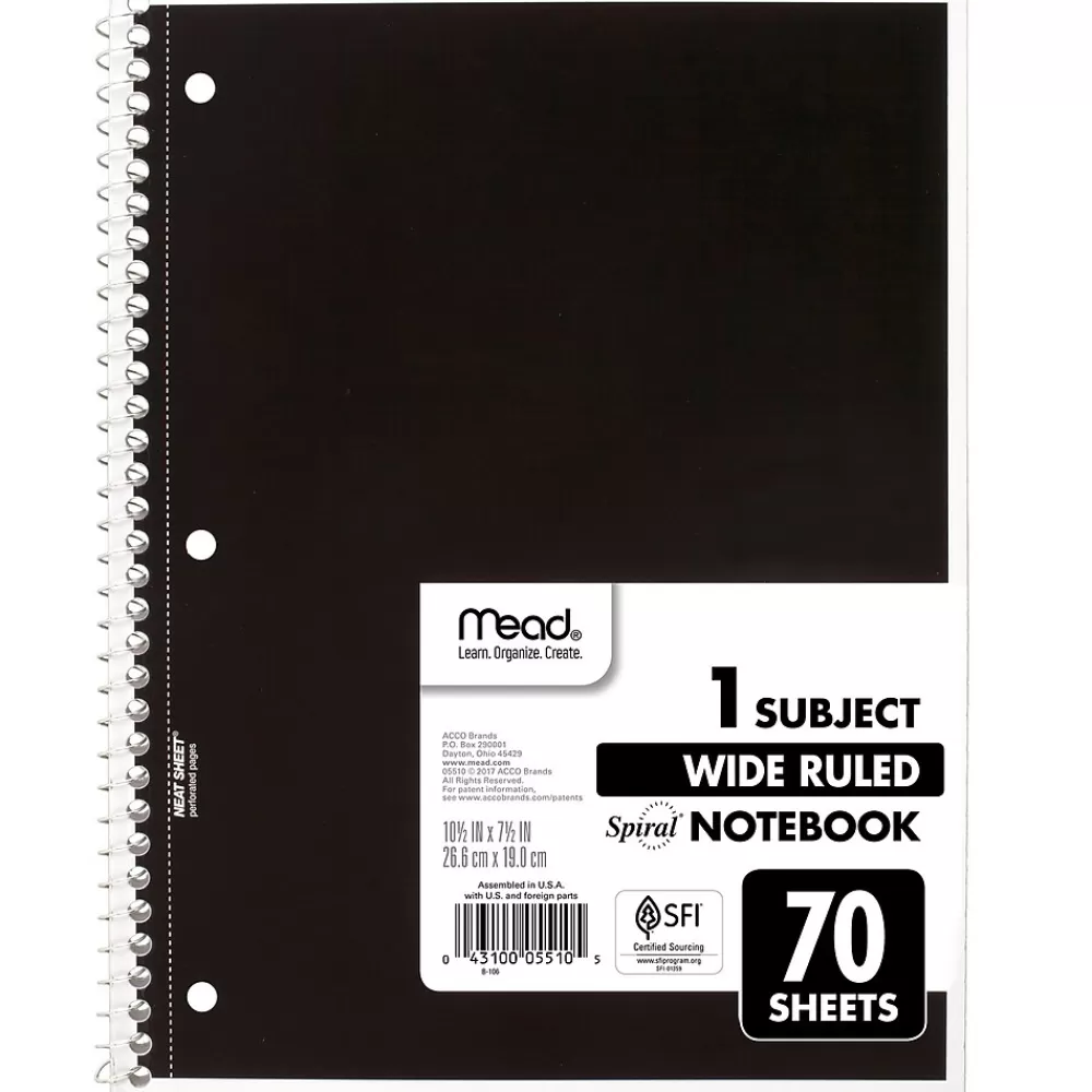 Mead Subject Notebooks<1-Subject Notebook, 8.0" x 10.5", Wide Ruled, 70 Sheets, Black (05510AA5)