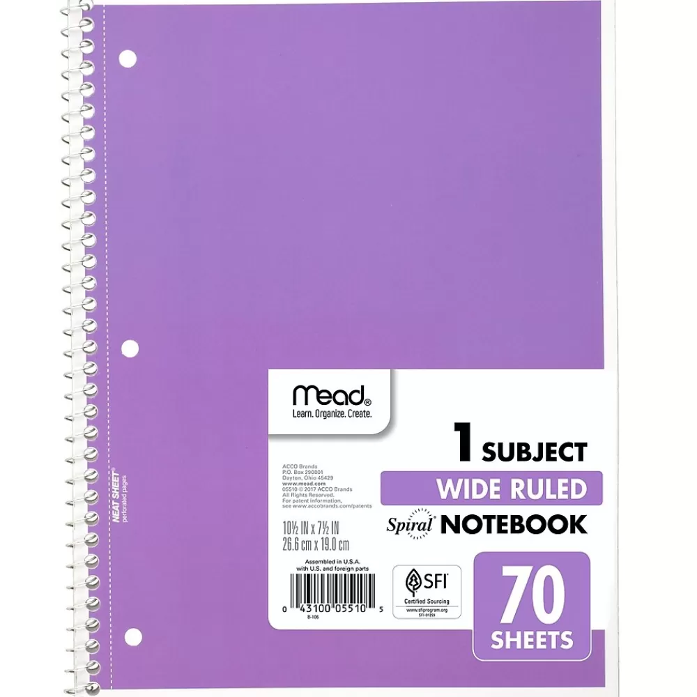 Mead Subject Notebooks<1-Subject Notebook, 8.0" x 10.5", Wide Ruled, 70 Sheets, Purple (05510BA7)