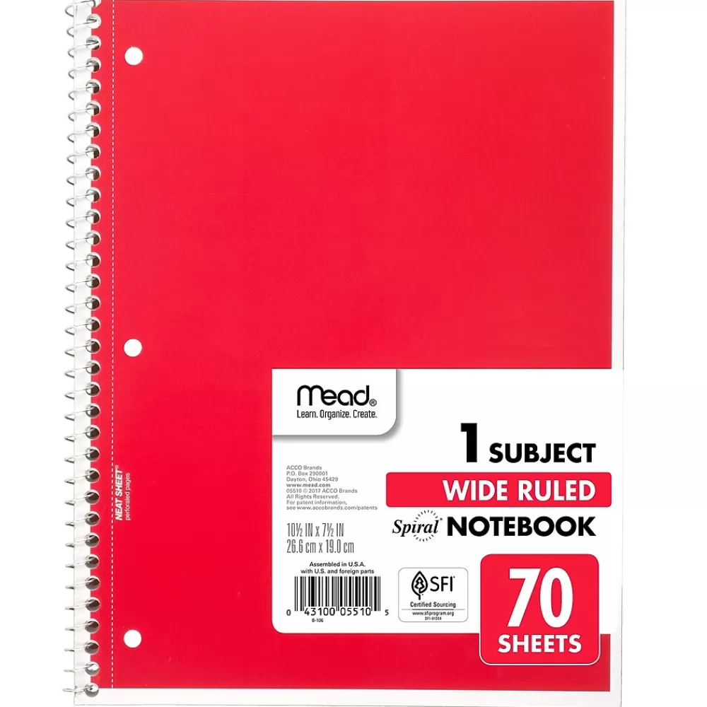 Mead Subject Notebooks<1-Subject Notebook, 8.0" x 10.5", Wide Ruled, 70 Sheets, Red (05510AB5)