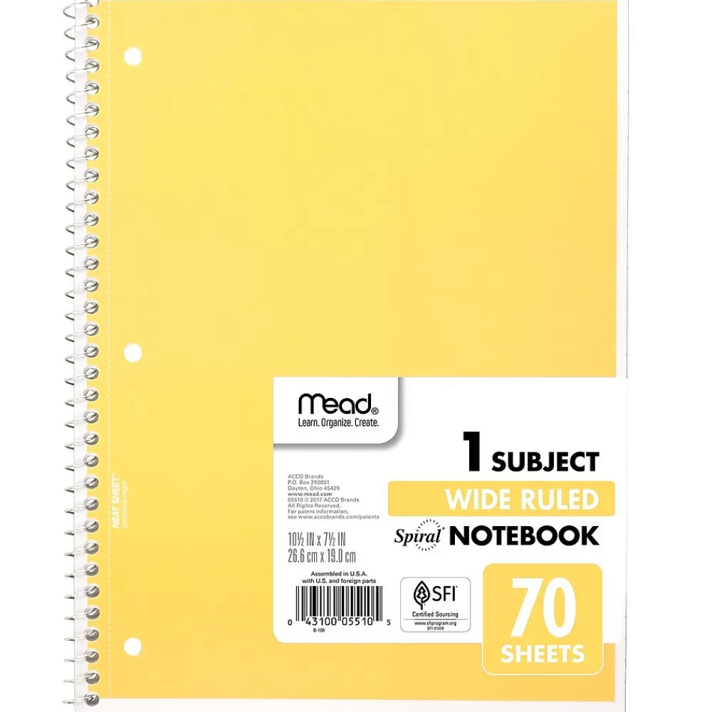 Mead Subject Notebooks<1-Subject Notebook, 8.0" x 10.5", Wide Ruled, 70 Sheets, Yellow (05510AZ7)